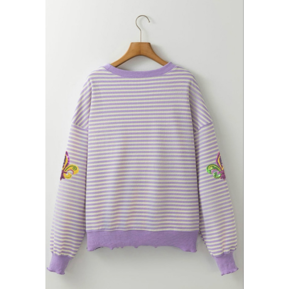Purple Stripe Mardi Gras Sequin Fleur De Lis Patch Long Sleeve Top - Picture 9 of 11